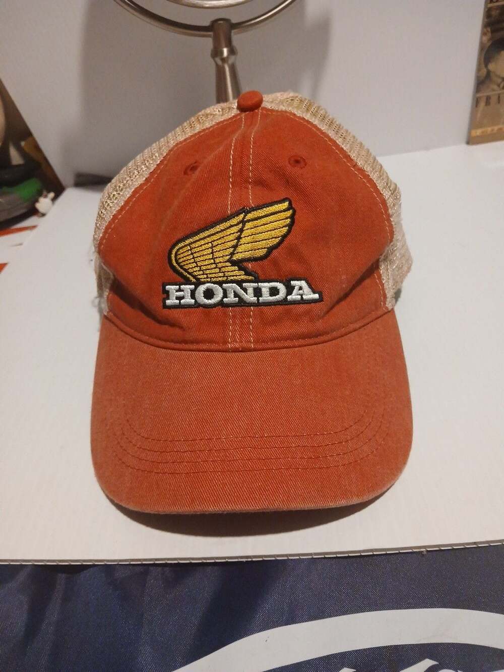 Headmost Honda Wing Logo Orange Mesh Trucker Hat